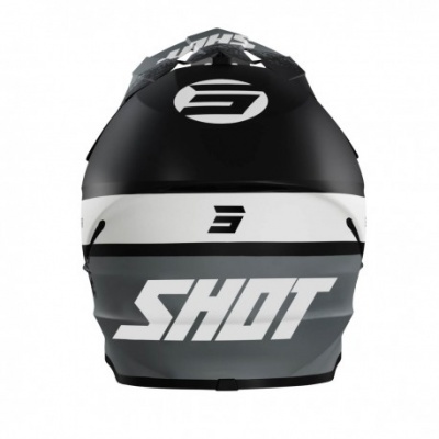 Capacete integral preto, cinzento e branco com texto SHOT
