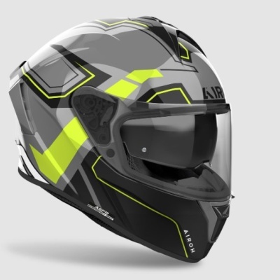 Capacete integral geométrico cinzento, preto e amarelo fluorescente com viseira transparente