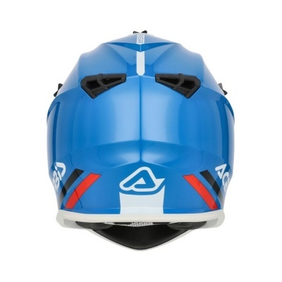 Capacete de proteção azul com detalhes em branco, preto e vermelho