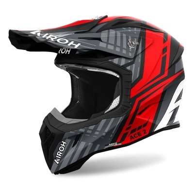 Capacete integral de motocross preto, vermelho e cinza com escrita AIROH