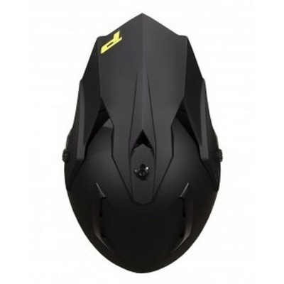 Capacete preto fosco com logótipo amarelo visto de cima