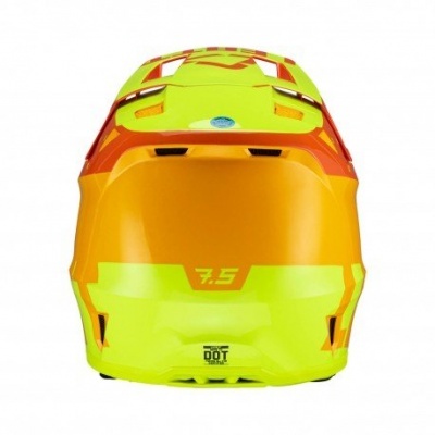 Capacete de motociclismo amarelo e laranja visto de trás