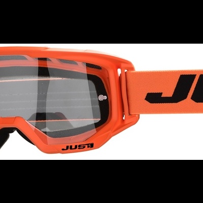 Óculos de proteção desportivos laranja com lente transparente e tira elástica preta com texto laranja