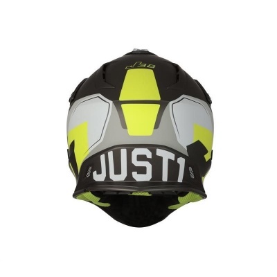 Capacete motocross preto, cinza e amarelo fluorescente com texto JUST1 na traseira