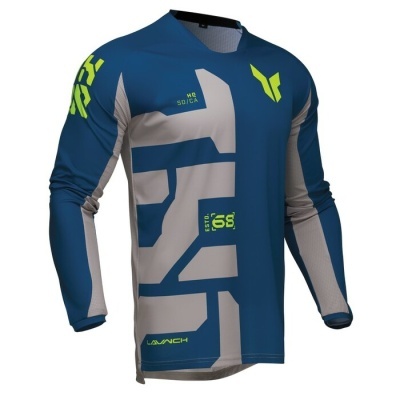 Camisa de motocross azul e cinzenta com padrões amarelos e texto