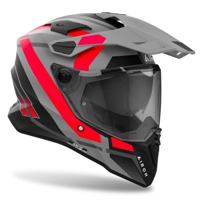 Capacete integral Airoh cinza, vermelho e preto com viseira transparente e detalhes aerodinâmicos