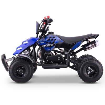 Quad elétrico azul e preto para crianças com texto 'RAPTOR ROAN RACING 49cc'