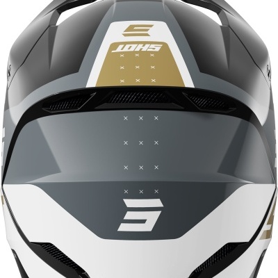 Capacete para motocross preto, cinza, branco e dourado com inscrições SHOX e S