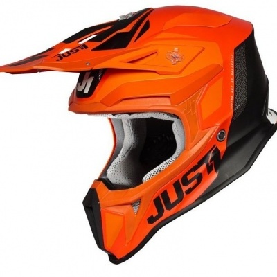 Capacete integral motocross laranja com texto JUST1 preto