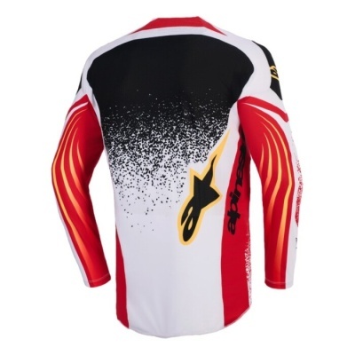 Camisola desportiva com padrão preto, branco, vermelho e laranja, com logotipo alpinestars.