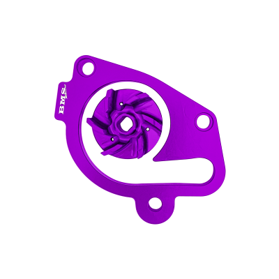 Peça mecânica violeta metálica com hélice e logo BMS