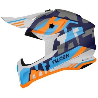 Capacete integral azul, cinzento, laranja e branco com design geométrico e texto FALCON