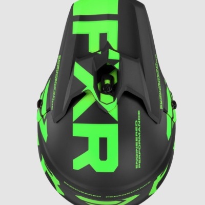Capacete motocross preto e verde neon com texto gráfico