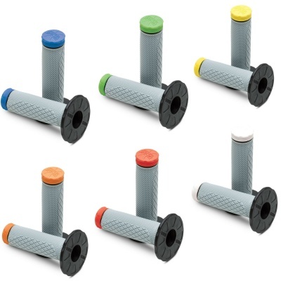 Punhos para guiador de bicicleta cinzentos com extremidades coloridas e flange preta