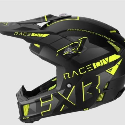 capacete integral preto com detalhes amarelo fluorescente e texto RACE, FXR, PERFORMANCE EQUIPMENT