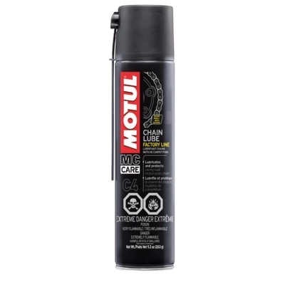 Frasco preto de spray MOTUL MC CARE C4 CHAIN LUBE FACTORY LINE para corrente de moto