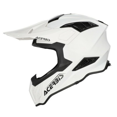 Capacete motocross branco com detalhes pretos e texto ACERBIS