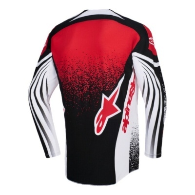 Camisola desportiva Alpinestars em vermelho, preto e branco vista de costas.