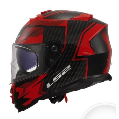Capacete moto LS2 com padrões vermelho e preto em carbono