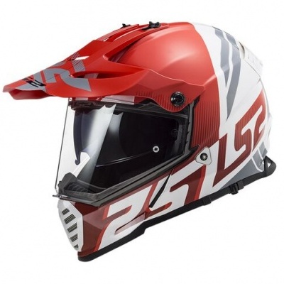 Capacete integral vermelho, branco e cinza com viseira transparente e texto '25152'