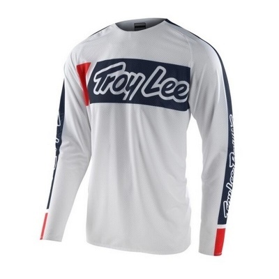Camisola branca de manga comprida com texto Troy Lee azul escuro e detalhes vermelhos