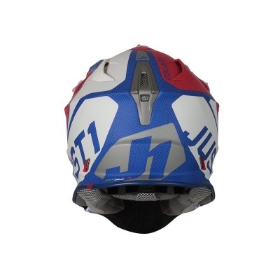Capacete azul, branco e vermelho com texto ST1 e JI