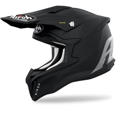 Capacete motocross preto mate Airoh com detalhes cinza e branco