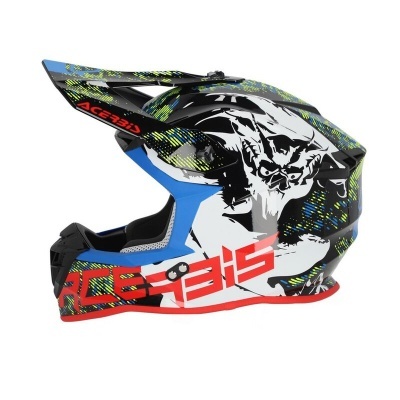 Capacete de motocross colorido com design gráfico e texto Acerbis