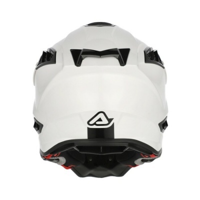 Capacete de motociclismo branco com detalhes a preto e vermelho visto de trás