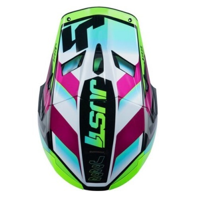 Capacete motocross colorido com visor e padrões geométricos
