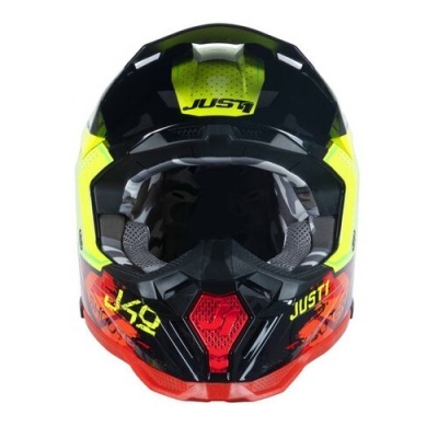 Capacete integral preto, amarelo fluorescente e vermelho com texto JUST1 e J49