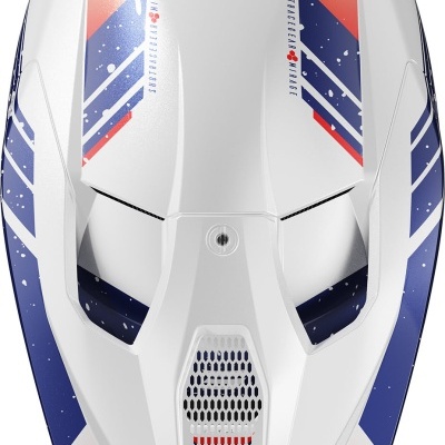 Capacete branco com detalhes em azul e vermelho e textos ESPACEMEDNCE 1985