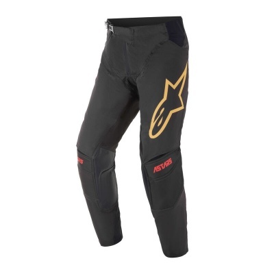 Calças de motociclismo pretas com logo dourado e texto vermelho ALPINESTARS