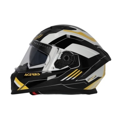 Capacete integral preto, branco e dourado com viseira transparente e logótipo ACERBIS