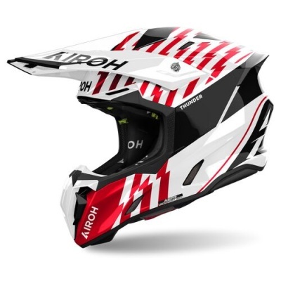 capacete motocross branco vermelho preto com texto AIROH e THUNDER