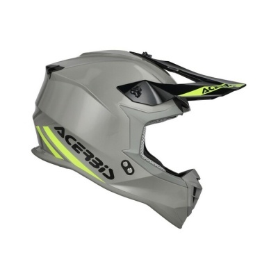 Capacete integral motocross cinzento e amarelo com texto ACERBIS