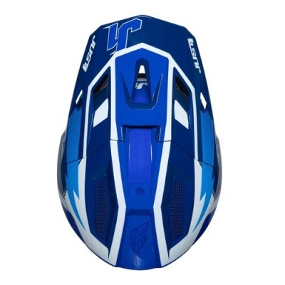 Capacete azul e branco com texto JUST1 e J1