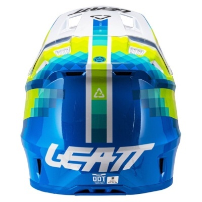 Capacete de motocross azul e verde com inscrição LEATT