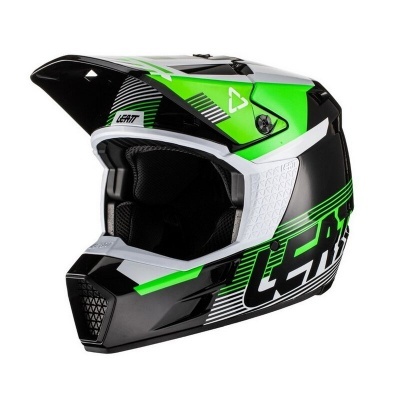Capacete de motocross preto, verde e branco com viseira e interior acolchoado