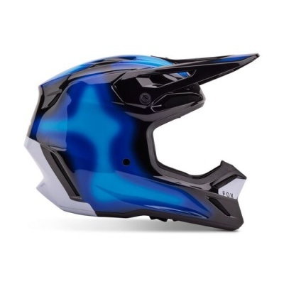 Capacete integral motocross azul metálico e preto com visor e logo FOX