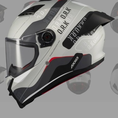 Capacete de motocicleta branco com detalhes pretos e vermelhos e texto 'D.R.K'