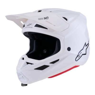 Capacete motocross branco com detalhes em preto e vermelho e texto ALPINESTARS M7