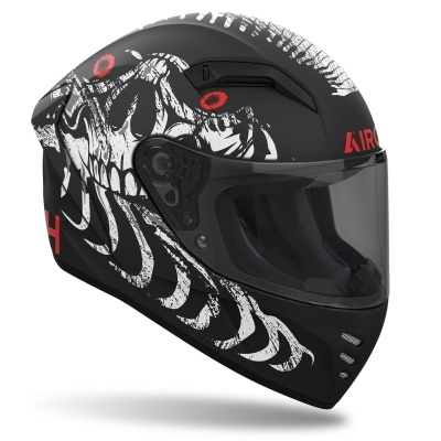 Capacete integral preto com padrão caveira branca e texto vermelho AIRBLADE