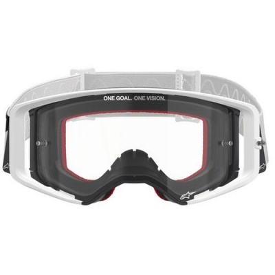 Óculos de proteção desportiva cinza e preta com lente transparente e texto 'ONE GOAL ONE VISION'.