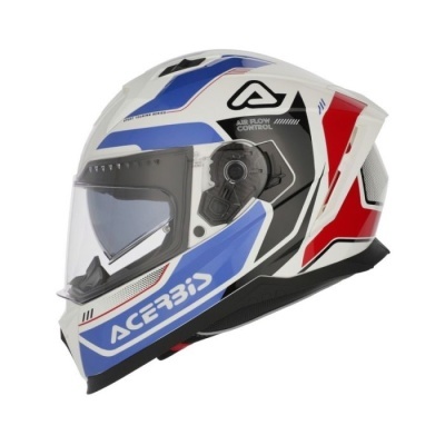 Capacete integral branco, azul, vermelho e preto com viseira transparente