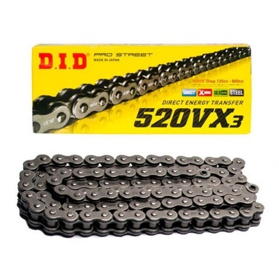 Corrente metálica para motocicleta D.I.D 520VX3 com embalagem amarela e texto informativo