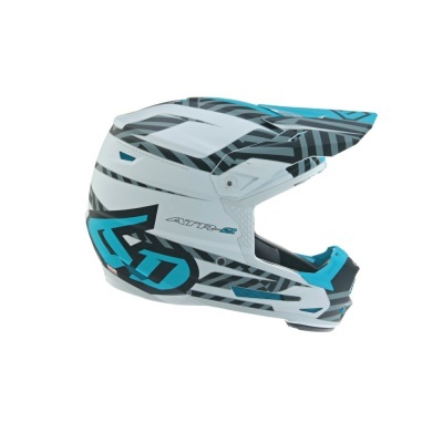 Capacete integral azul, branco e preto com padrões geométricos