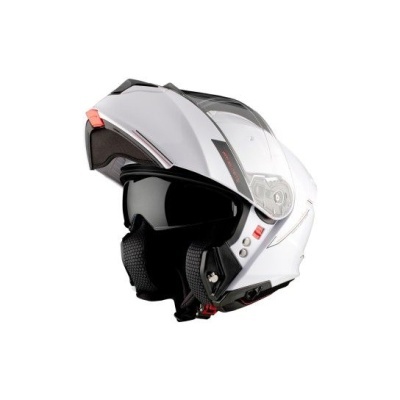Capacete modular branco com viseira transparente e óculos de sol integrados pretos