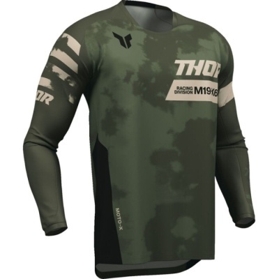 Camisola motocross verde camuflado manga comprida com logótipos THOR e texto racing division