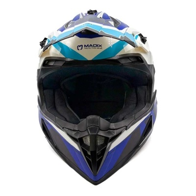 Capacete motocross azul, branco e preto com acolchoamento interno